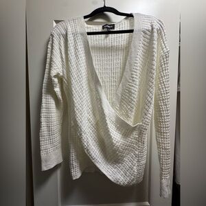 Express Cream Waffle-Knit V-Neck Wrap Sweater